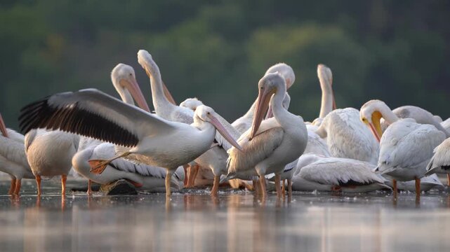 A pelican stretches its wing with a brief of pelicans preening in the background.