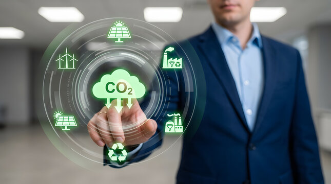 Businessman in a suit interacting with a holographic digital interface displaying CO emissions cloud, renewable energy icons like wind turbines, solar panels, and recycling symbols
