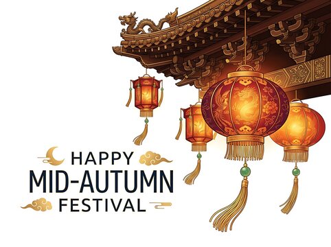 Happy midautumn festival greeting card with traditional chinese architecture roof, hanging lanterns, golden dragon, phoenix, and clouds isolated on white background