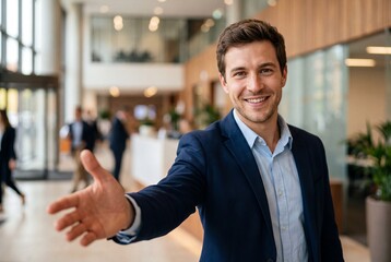 Fototapeta premium Professional Businessman Extending Hand for Welcome Handshake in Modern Corporate Office