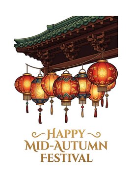 Traditional chinese lanterns hanging under a wooden roof for the midautumn festival celebration, isolated on white background