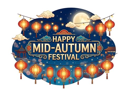 Happy midautumn festival greeting card design with glowing traditional chinese lanterns, full moon, decorative clouds, and silhouettes of people celebrating