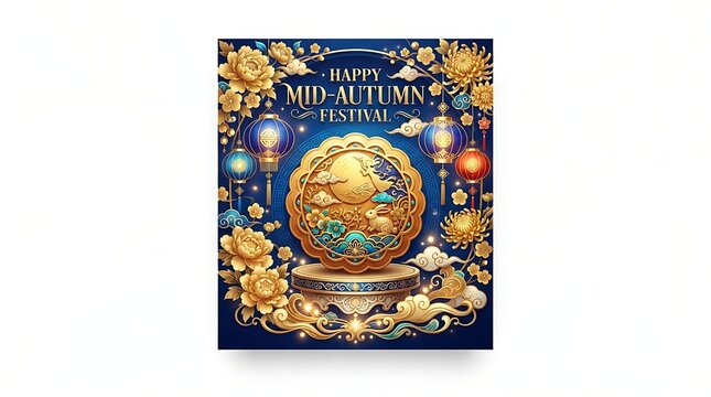 Happy midautumn festival greeting card with a golden mooncake on a decorative pedestal, surrounded by traditional lanterns, flowers, and clouds on a blue background