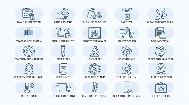 Set of food safety and hygiene thin line vector icons