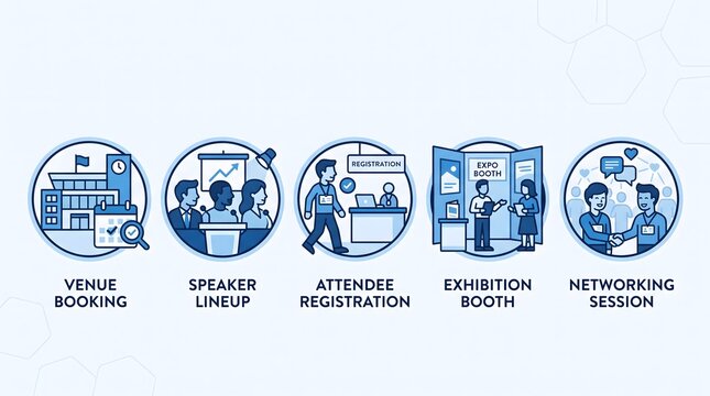 Event management and conference planning icons set
