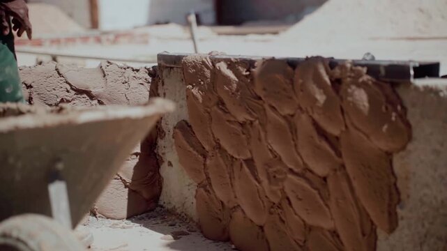 Workers apply cement and sand plaster by hand to a rough masonry wall in Brasilia, Federal District, Brazil, using masonry tools during a slow handheld construction shot.