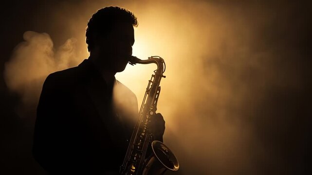 Saxophonist wearing a suit and performing an solo. Silhouette of a man playing saxophone against bright golden backlight with atmospheric smoke