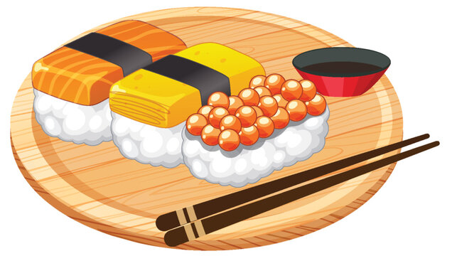 Assorted Sushi Nigiri on Wooden Plate with Chopsticks