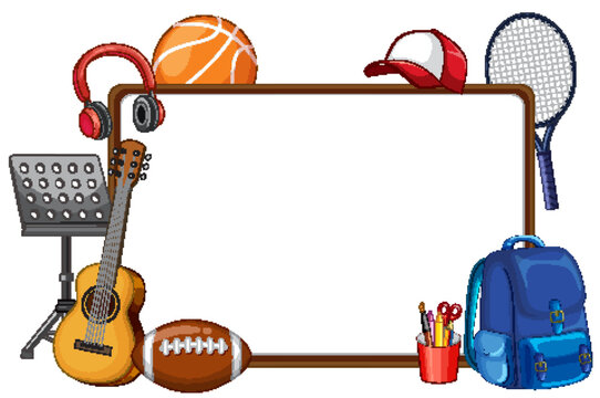 Blank Whiteboard Frame Surrounded by School Supplies and Sports Equipment
