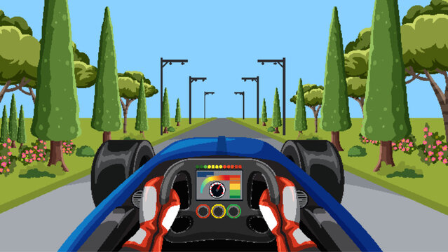 First Person View Vector Illustration of Racing Car Cockpit Driving
