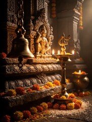 Fototapeta premium Indian Vishu festival display with golden deity statue, lit oil lamps, and marigold flowers. Rice grains and brass bell adorn stone altar for spring celebration.