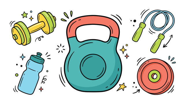Colorful home fitness workout equipment doodle set featuring heavy kettlebell, dumbbell, skipping jump rope, water bottle, and weight plate