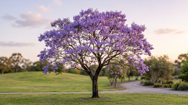 Blooming jacaranda tree with purple flowers in a park. Vibrant spring landscape at sunset. Scenic nature background for travel and gardening.
