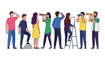 Obraz premium Business Vision and Future Planning Vector Character Set Featuring Diverse People Looking Ahead with Binoculars Spyglasses Ladders and Lookout Positions