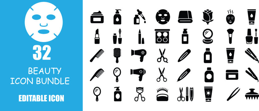 Set of 32 beauty and makeup icons with face care and salon tools vector illustration Vector