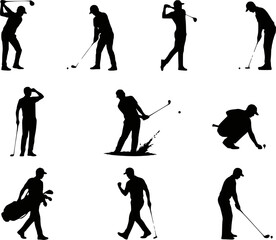 Naklejka premium Golfer silhouette vector icon set isolated on transparent background