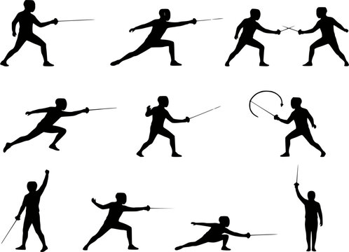 Fencer silhouette vector icon set isolated on transparent background