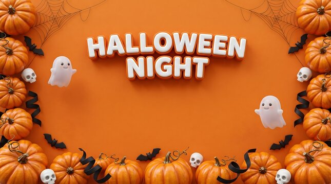 Halloween night display with pumpkins ghosts and bats on orange background