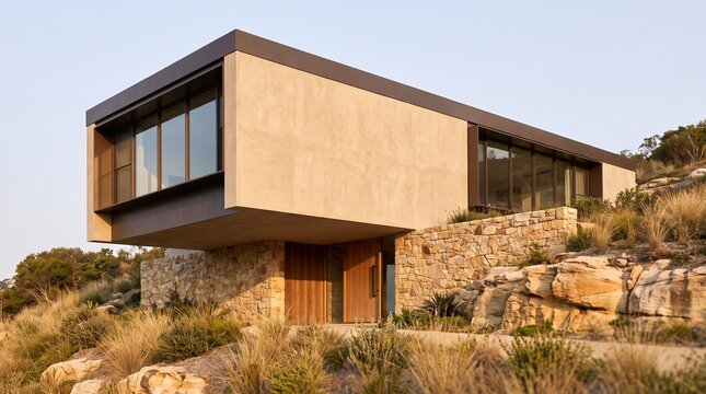Cantilevered contemporary hillside house above natural stone base