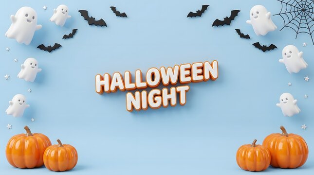 Halloween decoration with ghosts pumpkins and bats on a light blue background