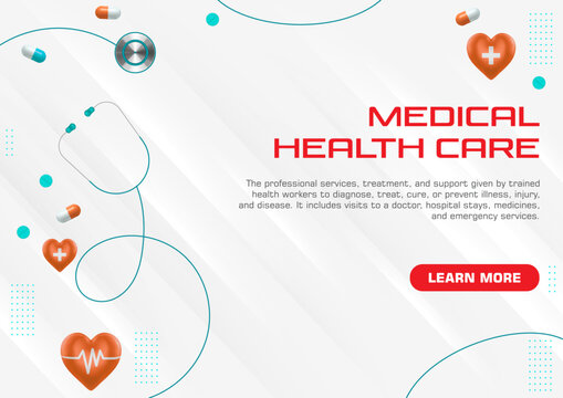 This vector art design showcases various health-related icons, including hospital, medical process, all arranged in a cohesive, modern style for healthcare