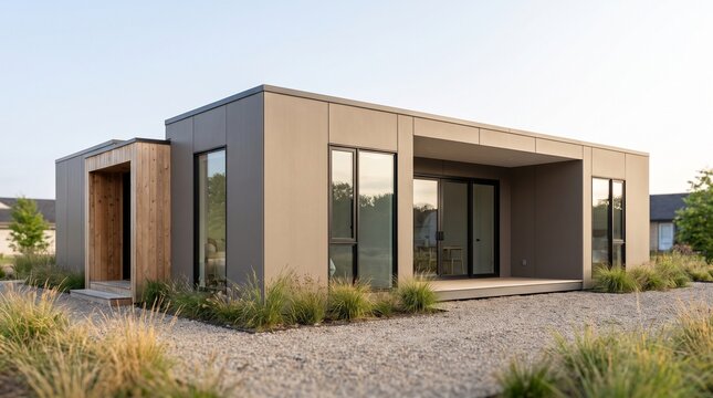 Contemporary prefabricated modular house with sheltered terrace