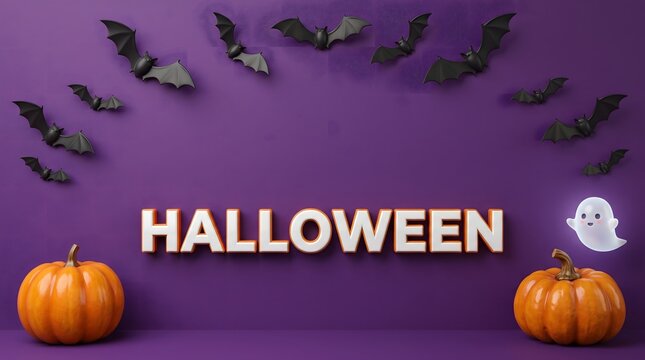 Halloween scene with bats pumpkins and ghost on purple background