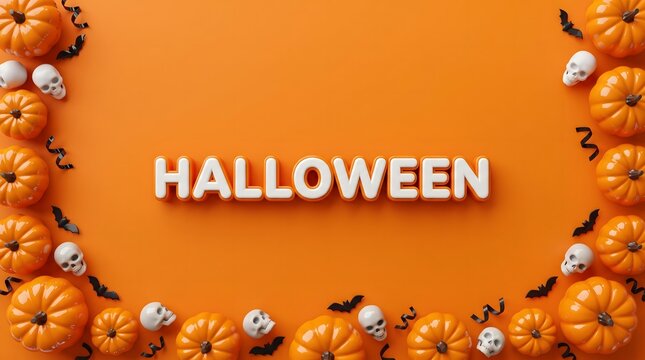 Halloween themed arrangement with pumpkins skulls and bats on orange background