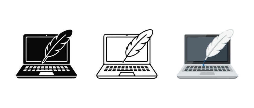 laptop computers with feather quill symbols representing writing and digital content creation