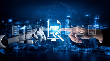 A captivating scene showcasing the interaction between a human hand and a robotic hand amidst digital document icons, symbolizing technology and communication in a futuristic setting. Ledger