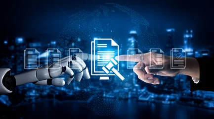 Fotobehang Karaktertjes A captivating scene showcasing the interaction between a human hand and a robotic hand amidst digital document icons, symbolizing technology and communication in a futuristic setting. Ledger  © InfiniteFlow