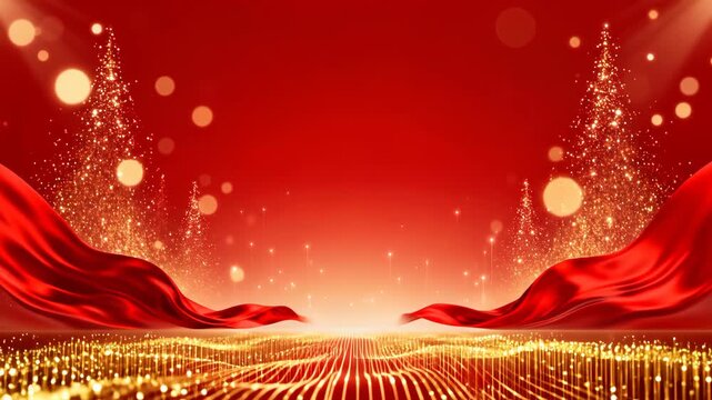 Festive red and gold holiday background with glowing lights and silk drapery for seasonal events