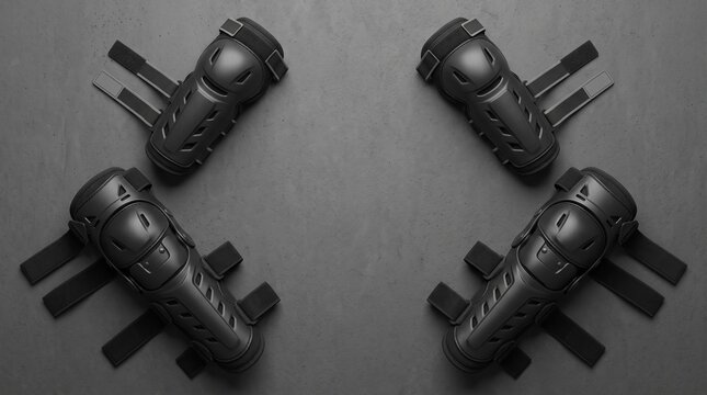 Protective Gear Set: A set of four black tactical knee and elbow pads arranged symmetrically on a textured dark surface, emphasizing their protective design and readiness for action.