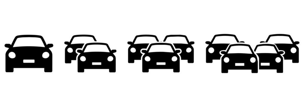 Set of car traffic icons showing increasing congestion levels from one vehicle to multiple cars, flat vector illustration