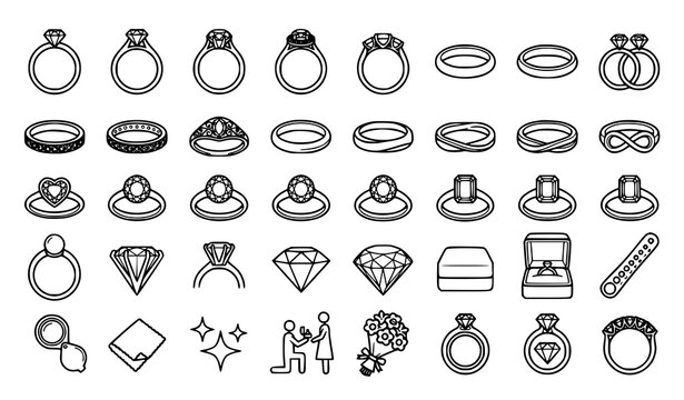 Wedding Engagement Solitaire and Gemstone Ring Linear Icon Collection