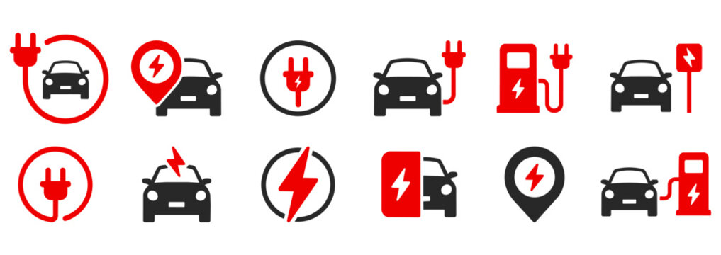 Set of electric vehicle charging station icons, ev car symbols, electric transport signs, vector illustration