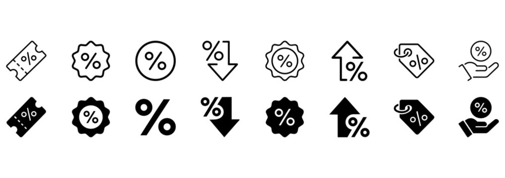 Set of discount and percentage icons, including coupon, price tag, and rate change symbols