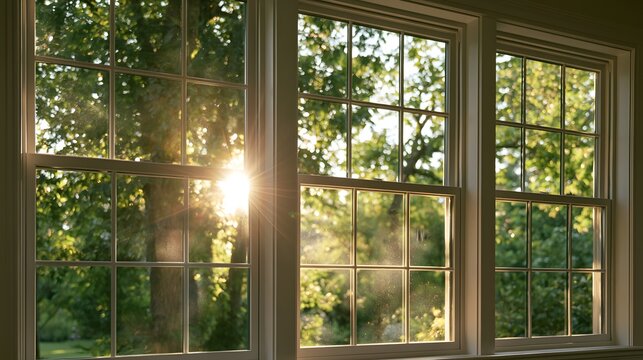 Warm sunlight streaming through large home windows overlooking green trees, peaceful interior view symbolizing natural light, energy efficiency, fresh air, comfort and sustainable living