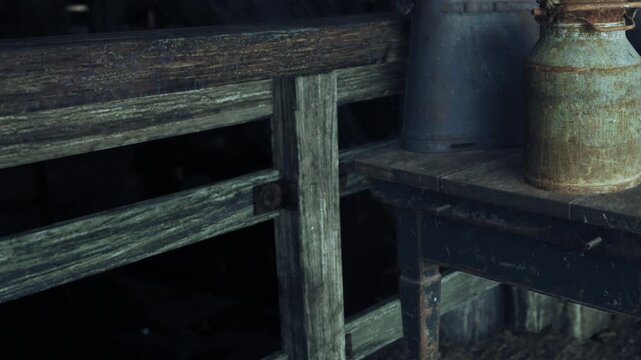 A wooden table stands next to a barn. A metal milk can sits on the table. The area is dark, showing the rustic features of the surroundings.