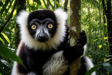 Naklejka premium Black and white ruffed lemur clings to tree trunk in lush green jungle. This primate with wide eyes looks directly at viewer in Madagascar habitat.