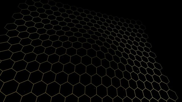 Abstract dark background with glowing golden hexagonal grid pattern and subtle particles, representing technology and futuristic design