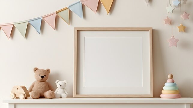 Blank wooden frame mockup in pastel nursery room with teddy bears, bunting and baby toys, clean interior template for custom wall art, children decor, announcements and personalized design