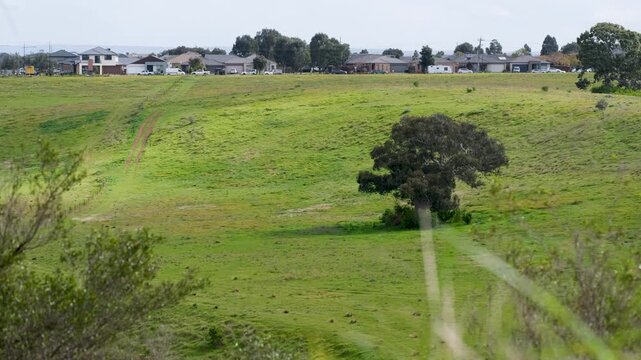 A&nbsp;distant view across open grassy hills towards residential housing with vehicles driving along a suburban street in Weir Views, Melton, Australia. New housing development, suburban fringe growth