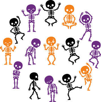Cute cartoon skeletons scattered in a playful circle during Halloween celebration
