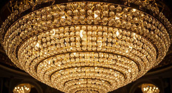 Luxurious crystal chandelier with multiple tiers and warm golden light in an opulent ballroom