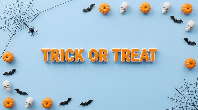 Halloween decoration flat lay with pumpkins skulls bats and trick or treat text