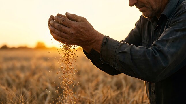 Farmer pouring wheat grains from hands in golden field