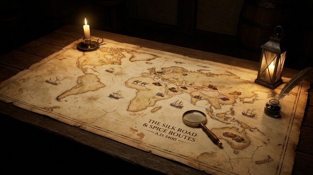 Trade Route Marked on Aged Map with Vintage Cartography and History