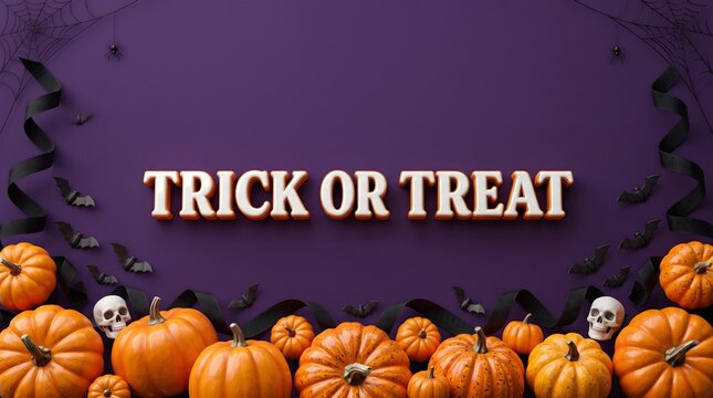 Halloween decoration with pumpkins skulls bats and trick or treat text