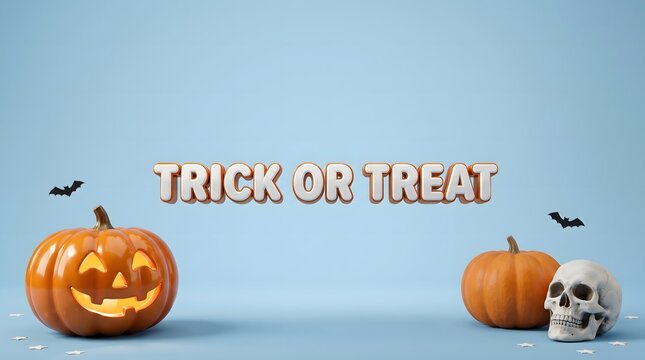 Halloween pumpkins skull and trick or treat lettering on light blue